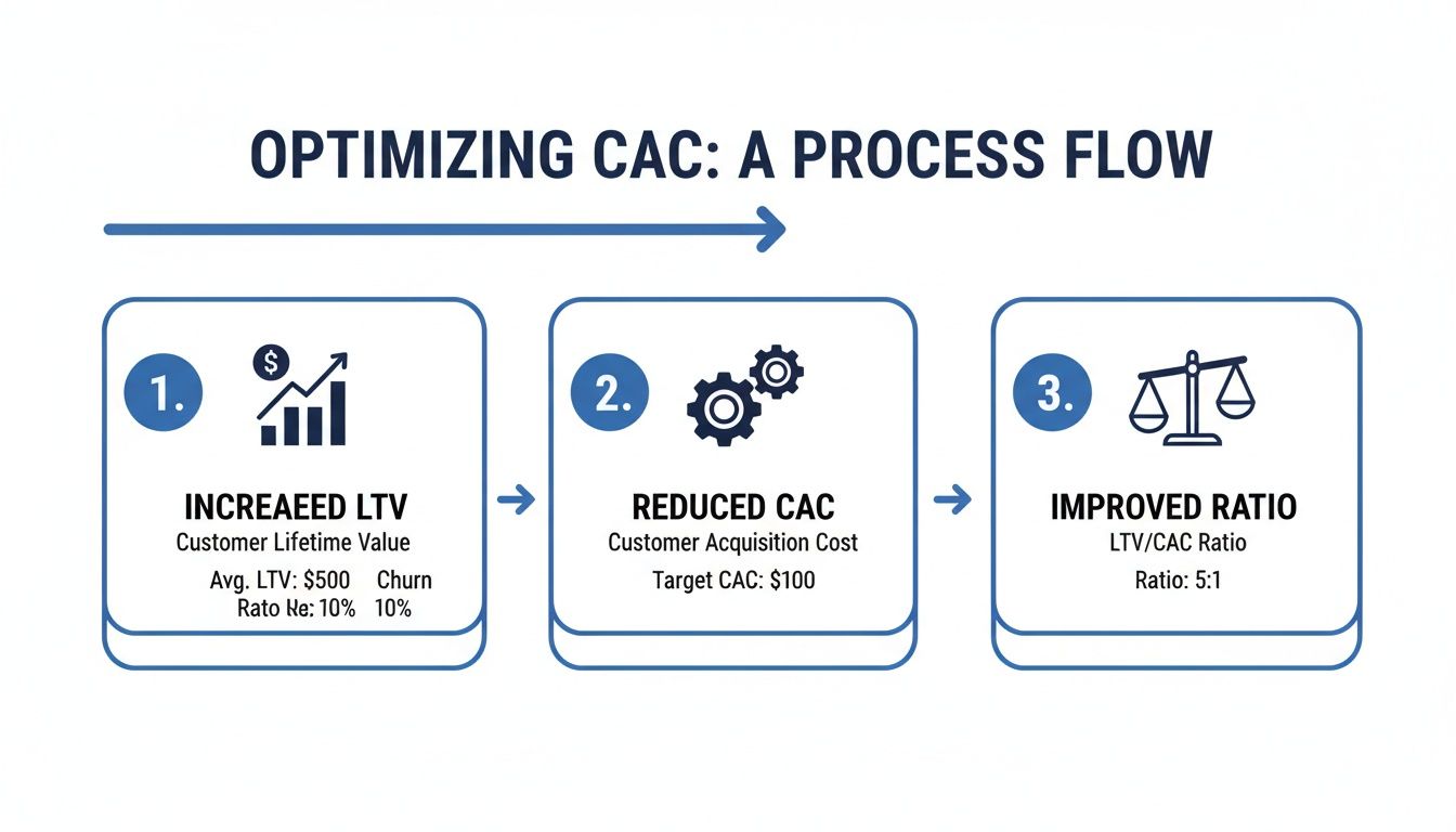 Process flow diagram showing how to optimize CAC by increasing LTV, reducing CAC, and improving the LTV/CAC ratio.