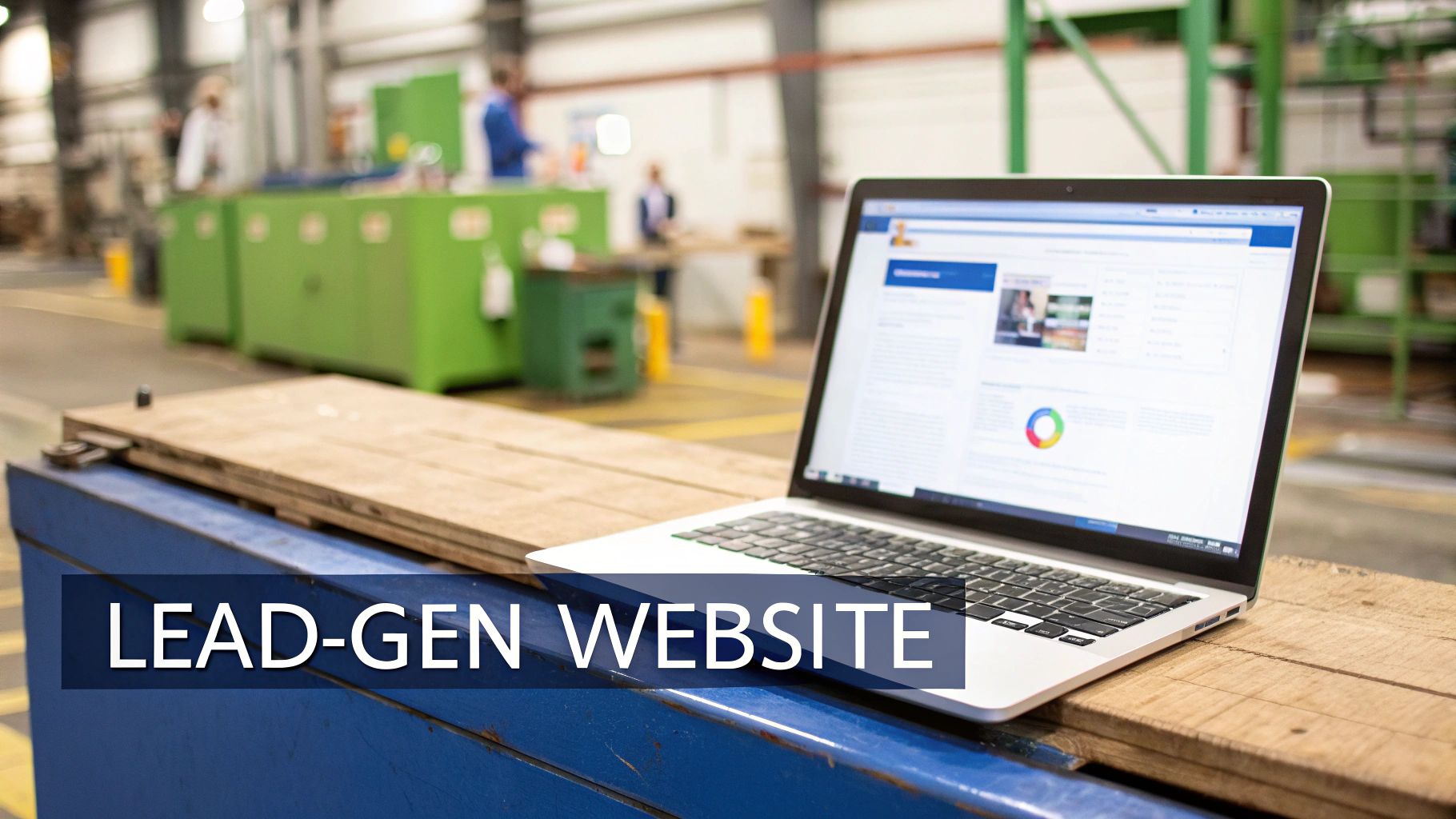A laptop displaying a lead-generation website on a wooden surface in a blurred manufacturing facility.