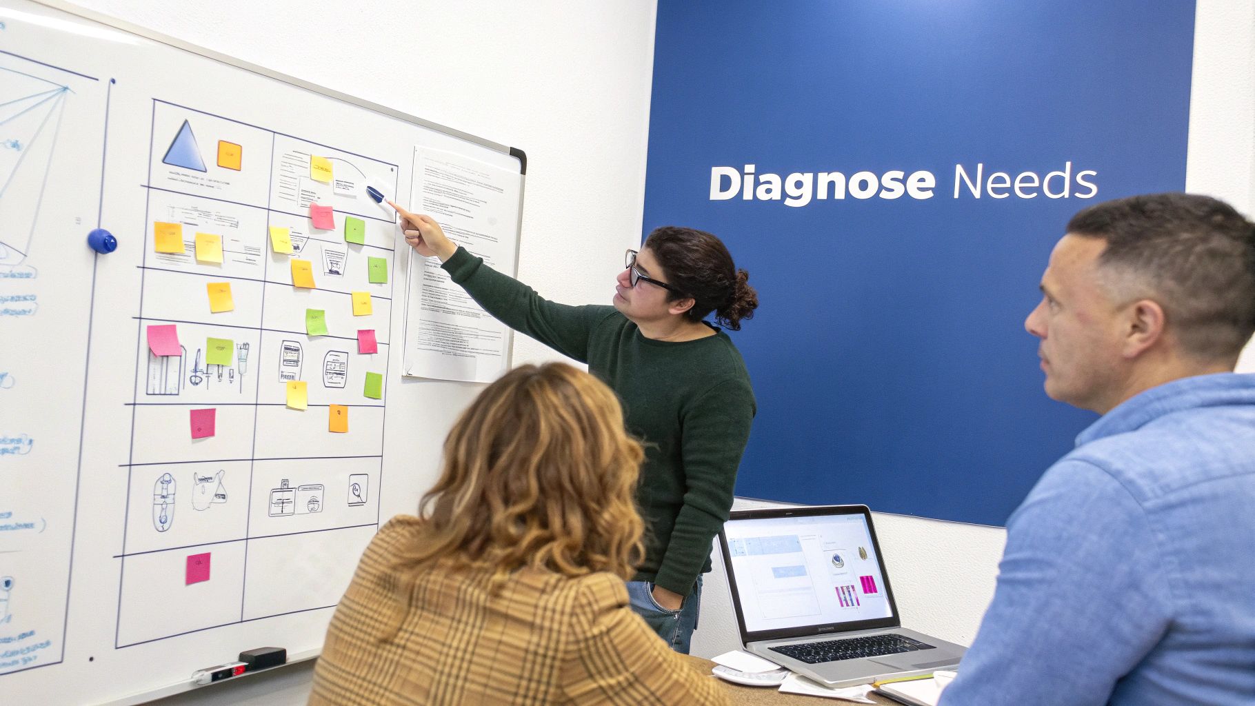 A team collaborating in a meeting, brainstorming ideas on a whiteboard with sticky notes and diagrams.
