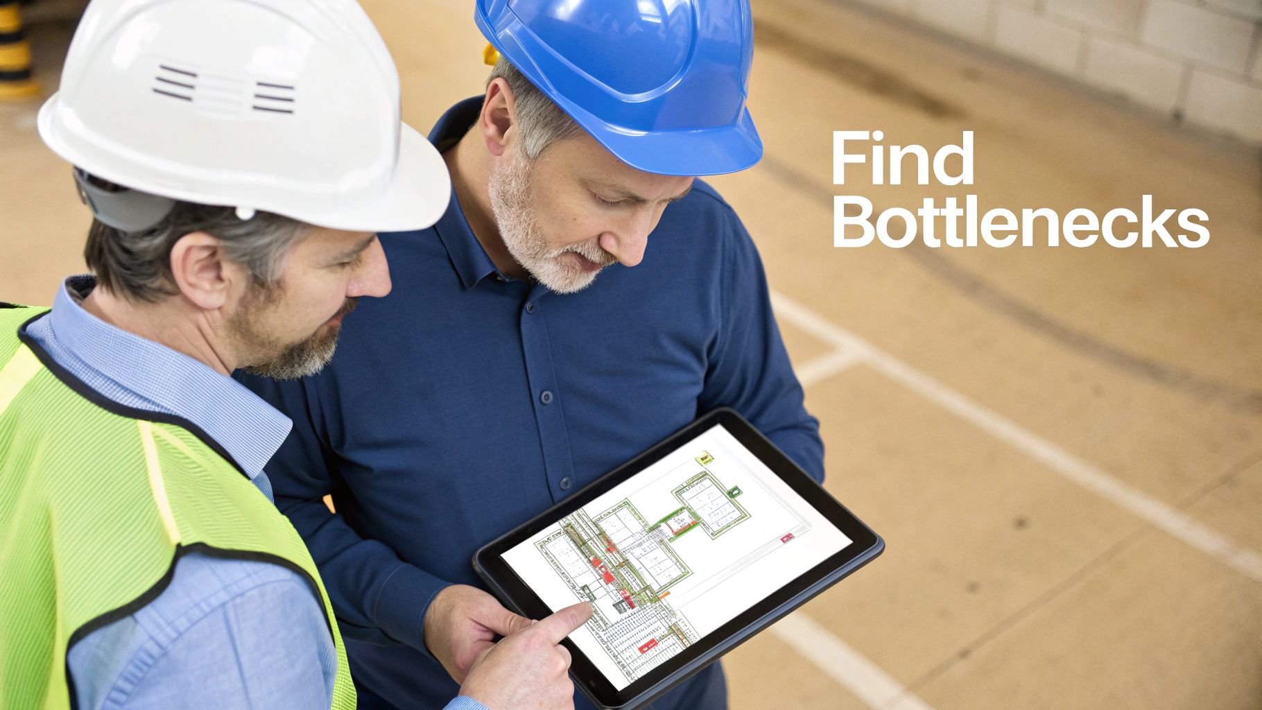 Two construction workers in hard hats reviewing a digital building plan on a tablet.