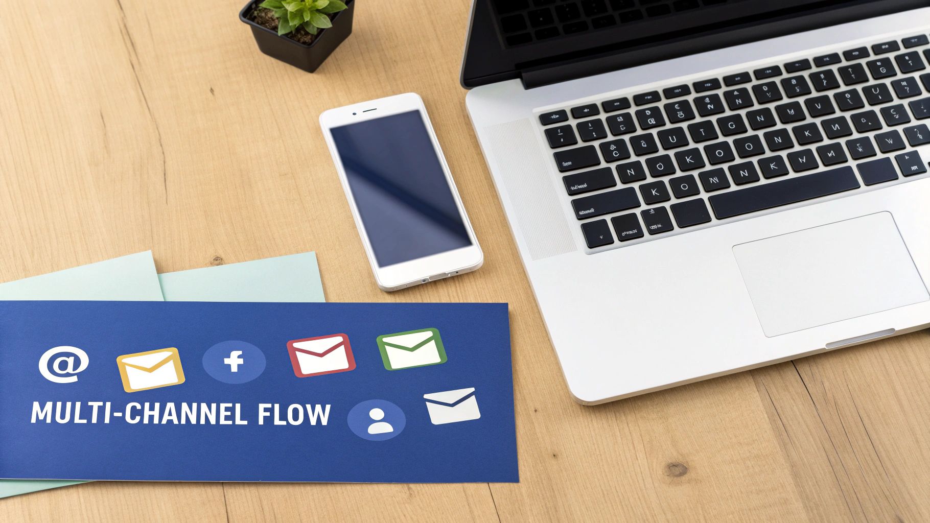 Overhead view of a workspace with a laptop, smartphone, and a blue 'MULTI-CHANNEL FLOW' card with communication icons.