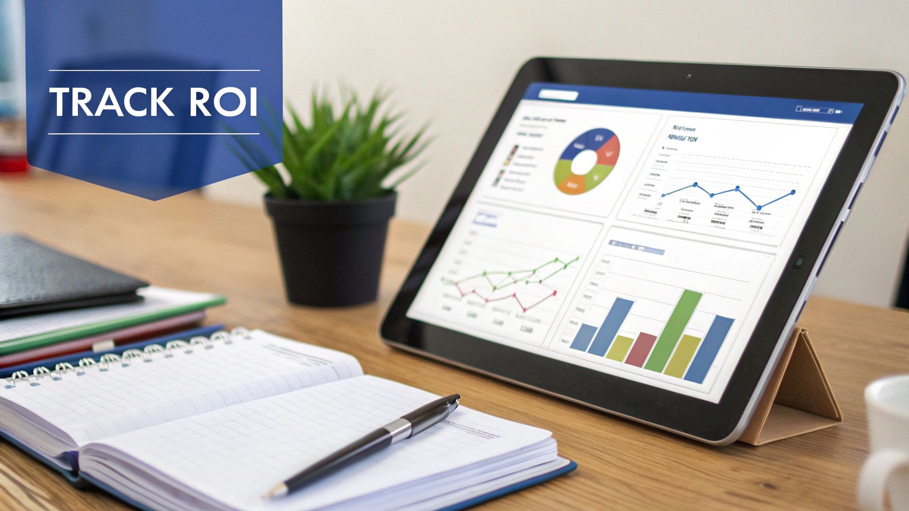 Desk with a tablet displaying business analytics charts, an open notebook, and a 'TRACK ROI' banner.