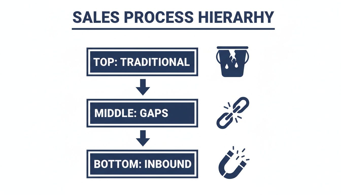 Sales Process Hierarchy diagram illustrating Traditional, Gaps, and Inbound stages with corresponding icons.
