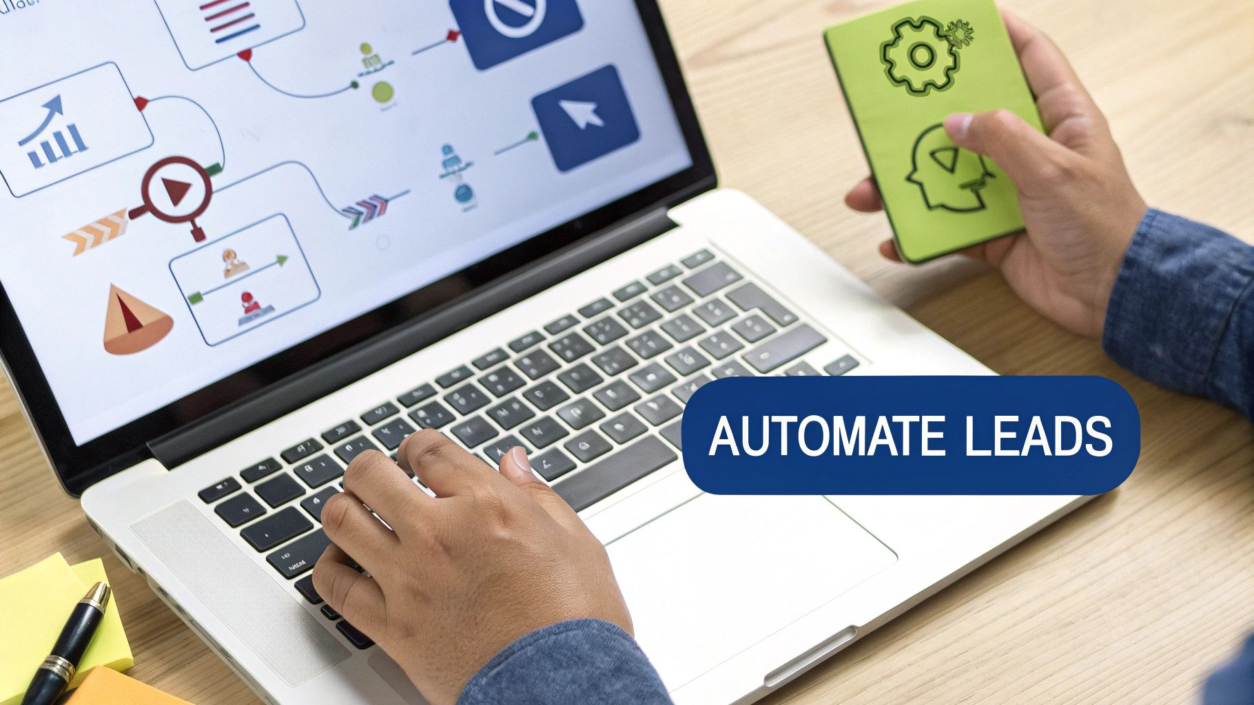 Hands working on a laptop displaying a business process flowchart with 'Automate Leads' text overlay.
