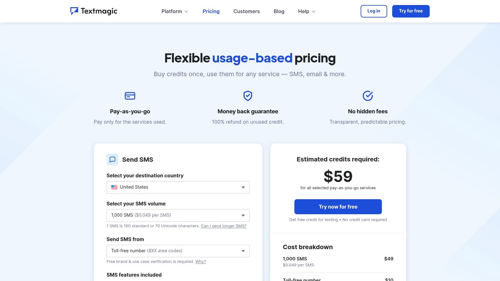 TextMagic's pay-as-you-go pricing page for SMS credits
