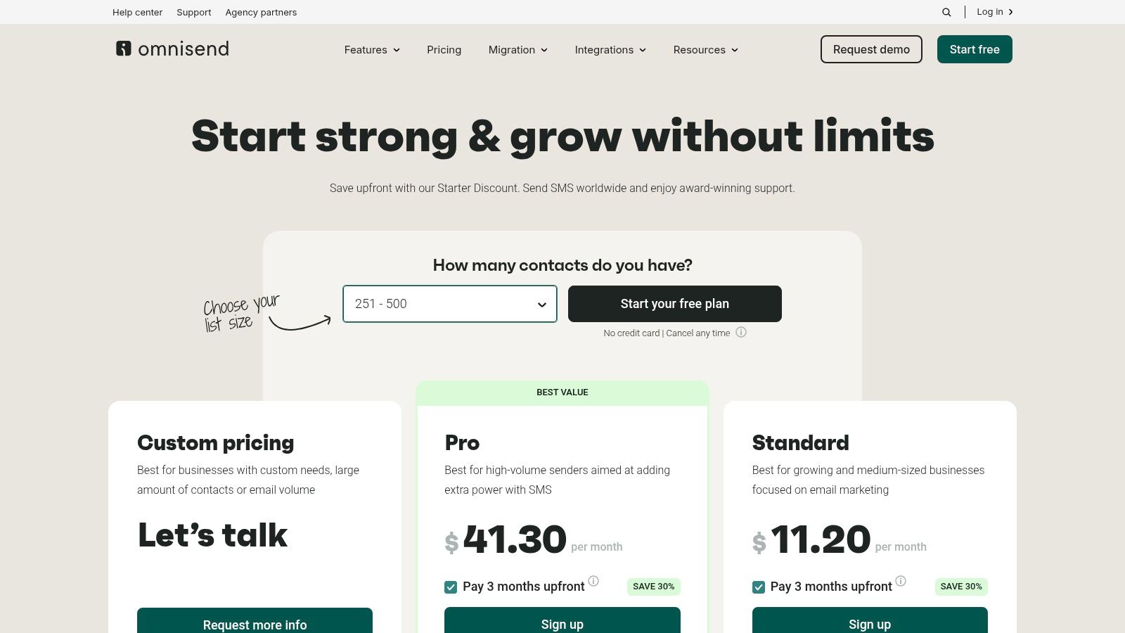 Omnisend pricing page showing their different plans