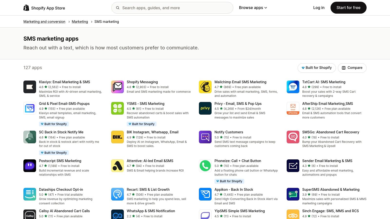 Shopify App Store — SMS marketing category