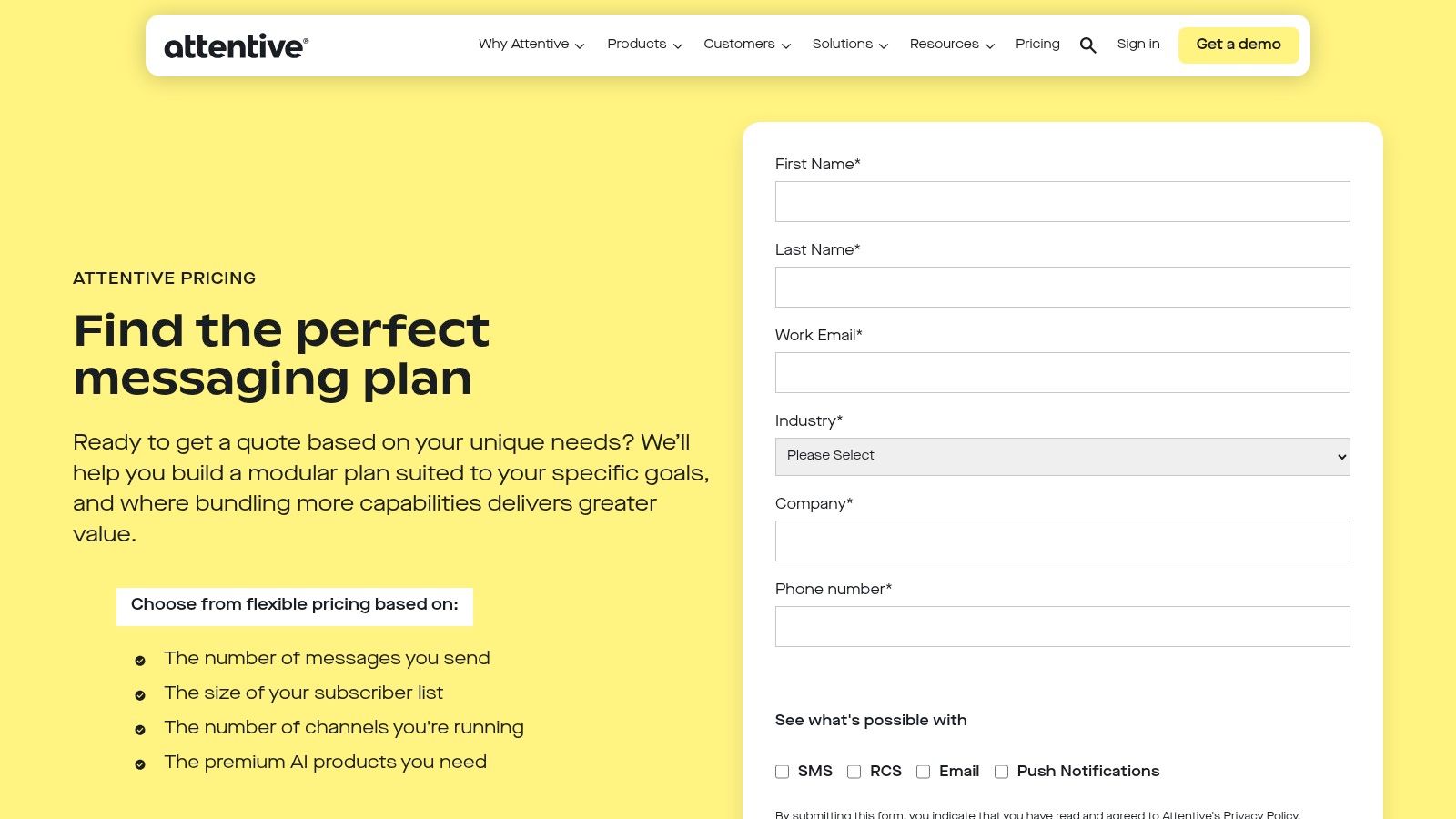 Attentive pricing page showing options for SMS, Email, and Attentive AI