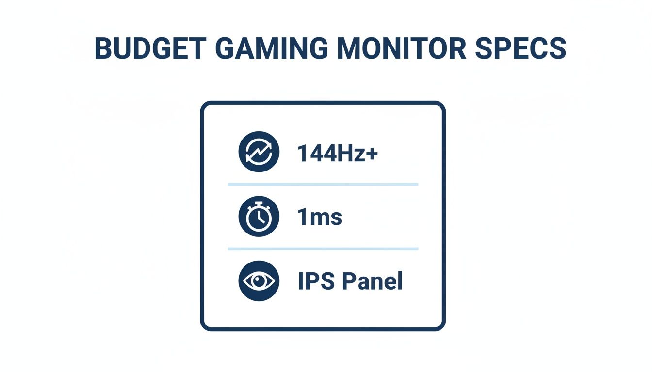 Budget gaming monitor specifications displayed: 144Hz+ refresh rate, 1ms response time, and IPS Panel type.