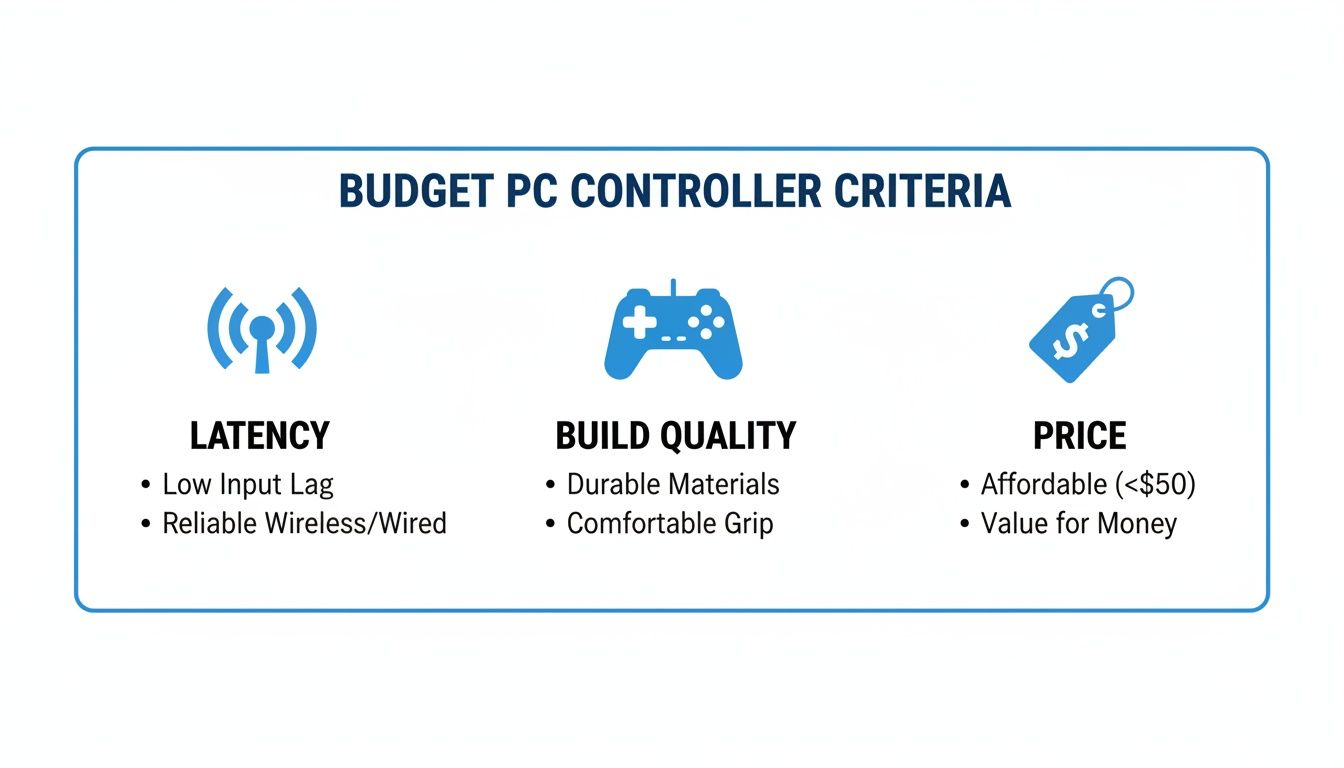 An infographic outlining criteria for selecting a budget PC controller, including latency, build quality, and price.