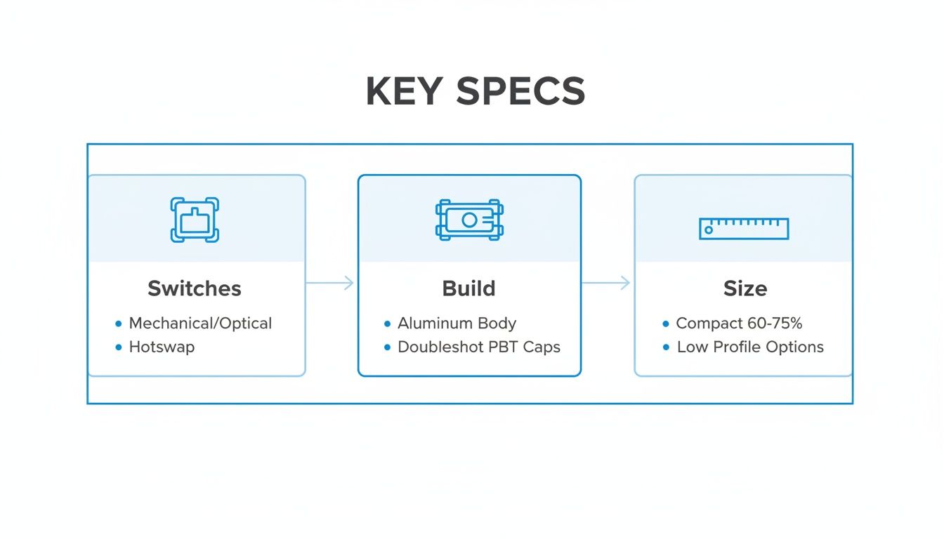 Key specifications for a product, detailing switches (mechanical/optical, hotswap), build (aluminum body, doubleshot PBT caps), and size (compact 60-75%, low profile options).
