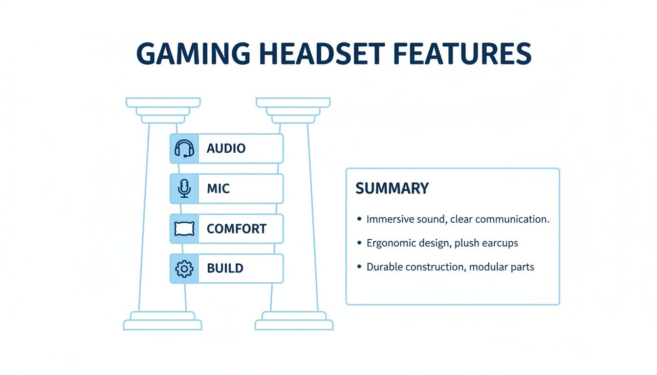 Infographic detailing gaming headset features: audio, microphone, comfort, and build, with a summary of benefits.
