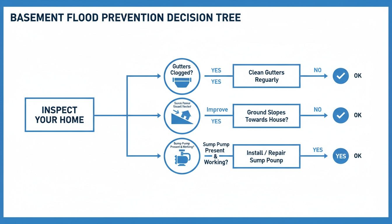 A basement flood prevention decision tree flowchart showing steps from home inspection to remedies.