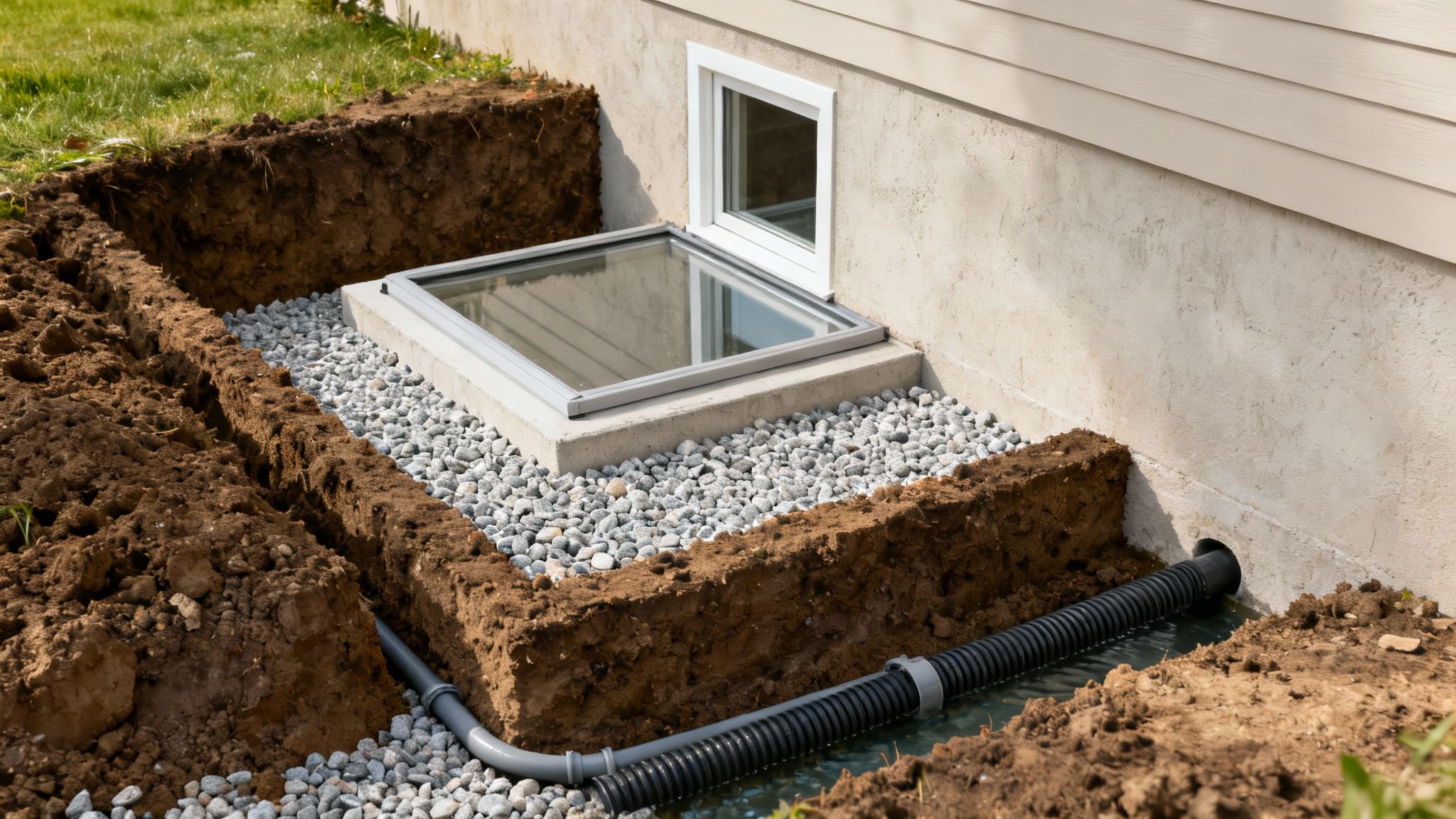 A residential basement egress window well under construction with gravel and drainage pipes.