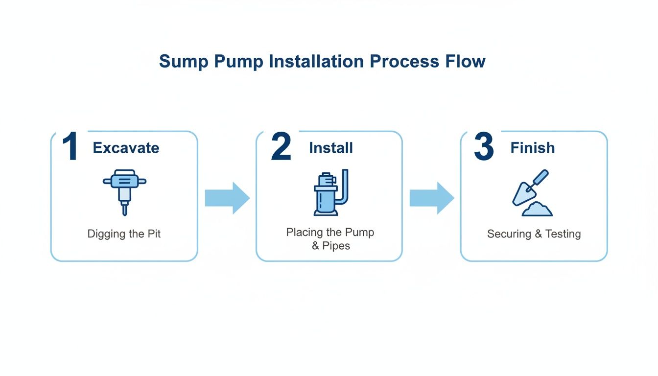 A three-step process flow diagram illustrates sump pump installation, covering excavation, pump placement, and finishing.