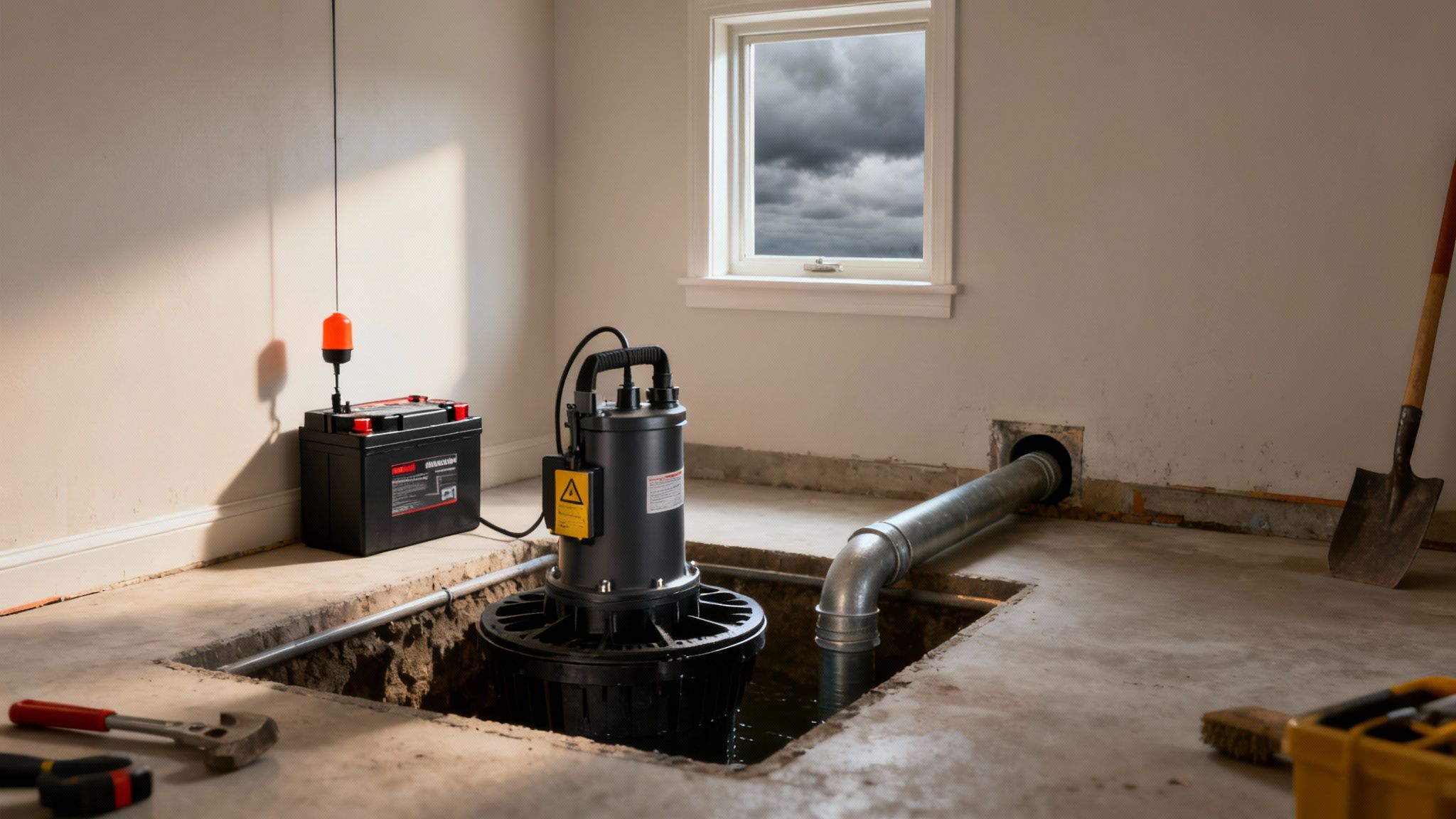 A sump pump backup system with a battery, ready to protect a basement during a power outage.
