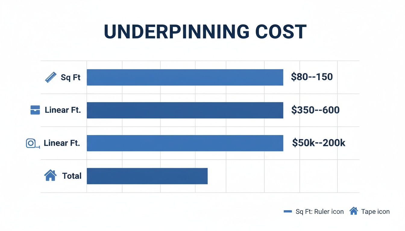 A bar chart illustrating underpinning costs per square foot, linear foot, and total project cost.