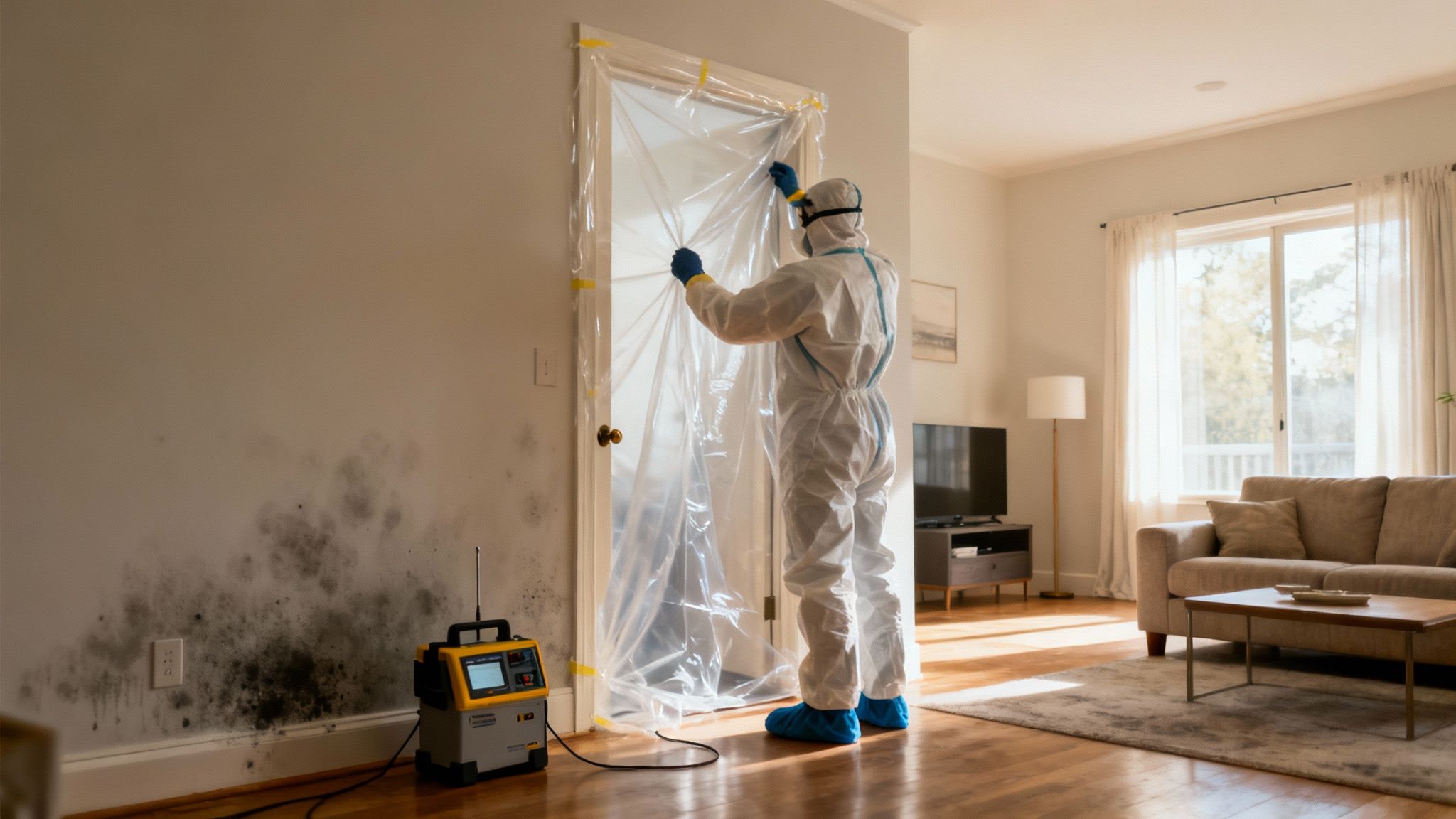 A professional mould remediation specialist in full protective gear using a HEPA vacuum to clean a contaminated wall.
