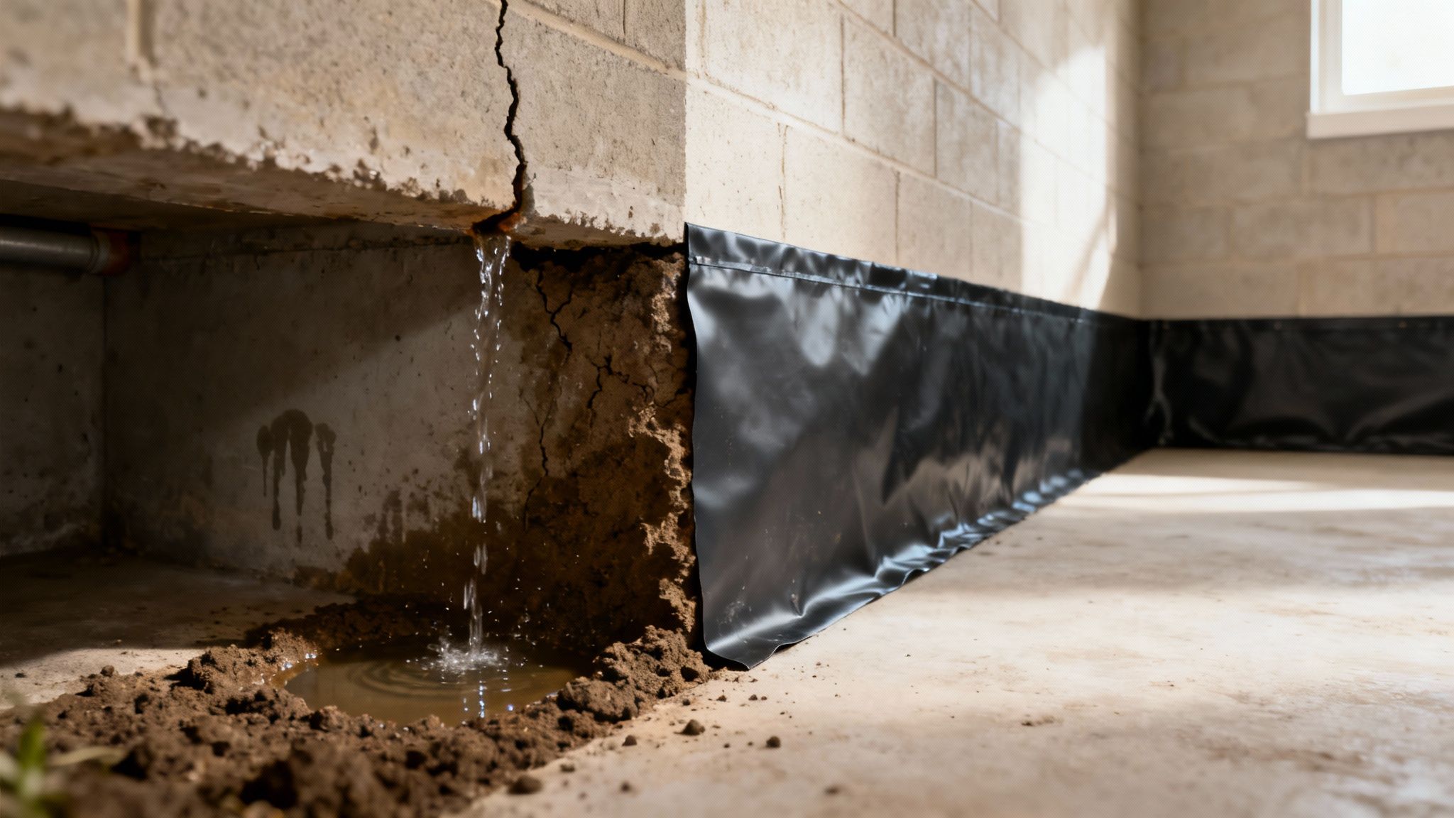 A professional applying a black waterproofing membrane to the exterior of a concrete basement foundation wall after excavation.