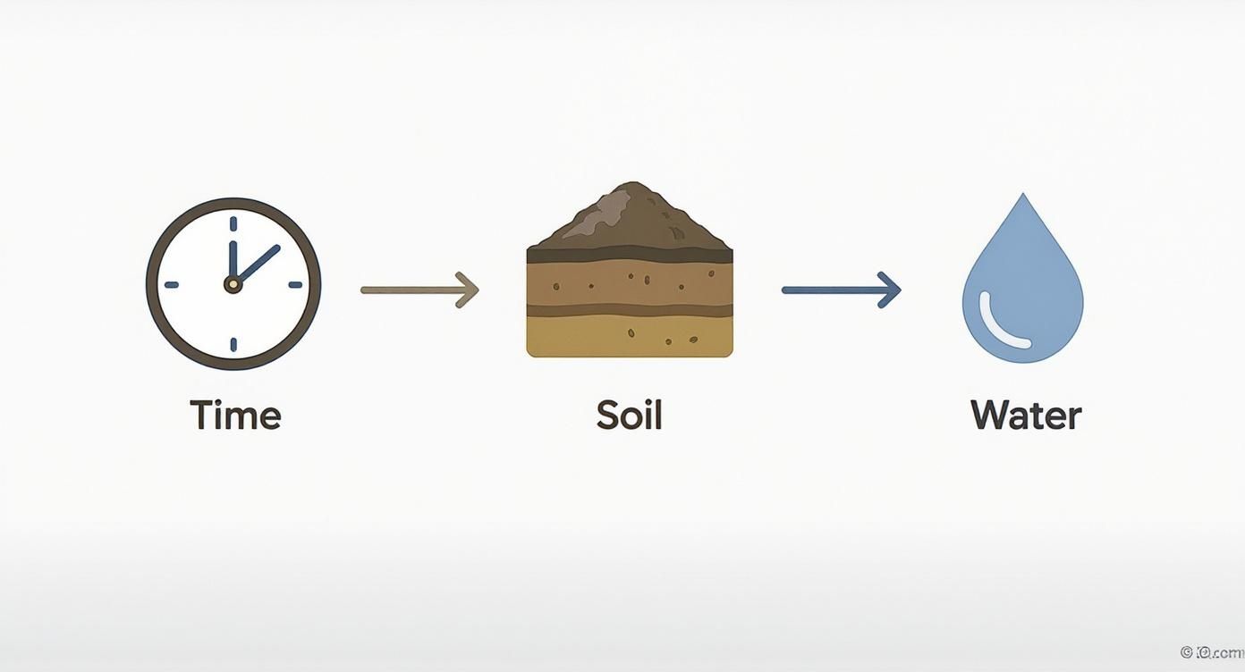 Diagram showing time plus soil equals water, illustrating natural soil water retention process