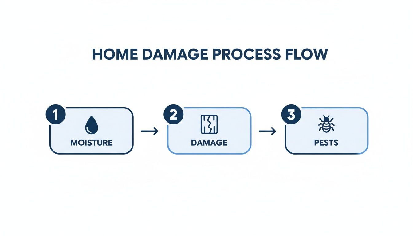 A step-by-step flowchart illustrating home damage progression from moisture to structural damage and pests.