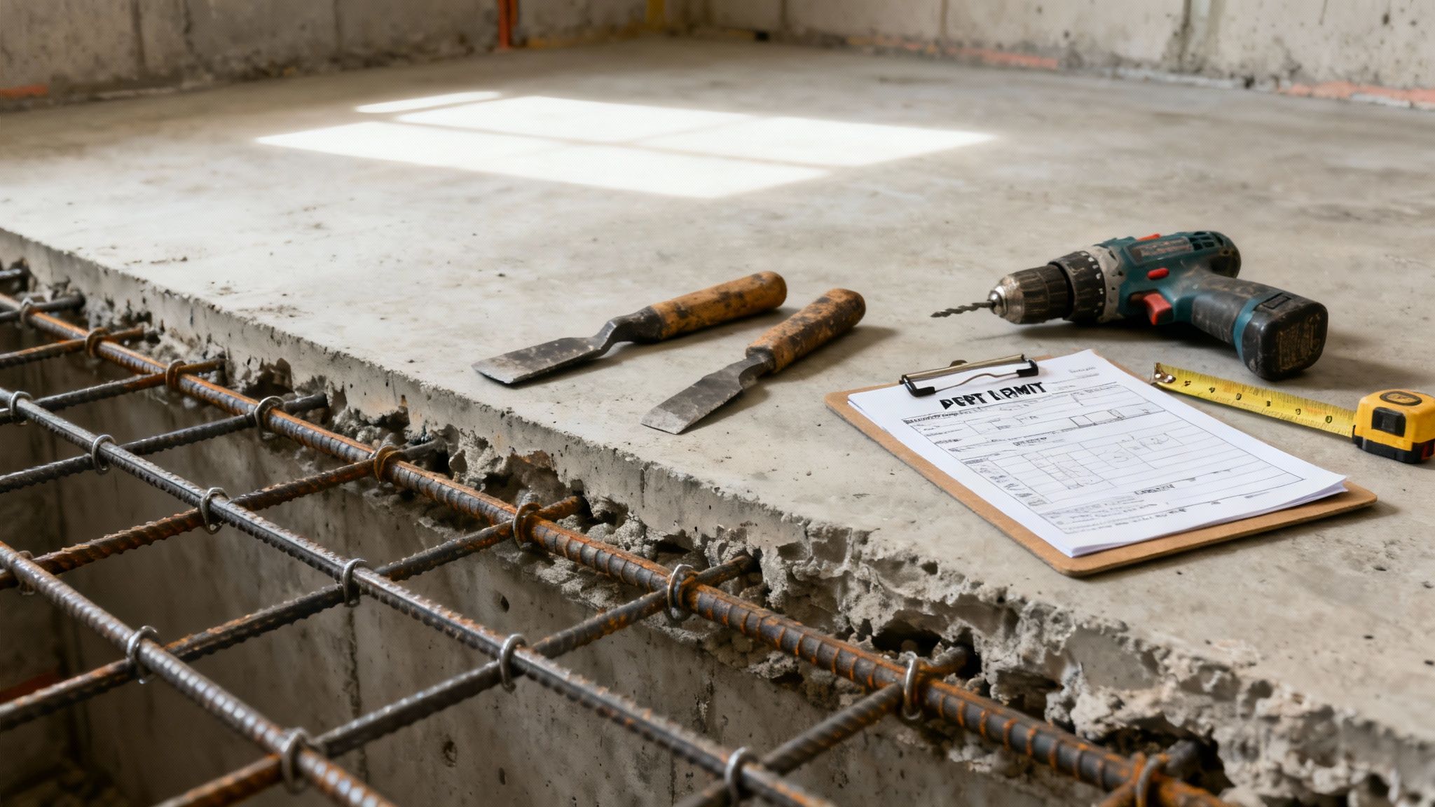 Technician examining basement floor before sump pump installation