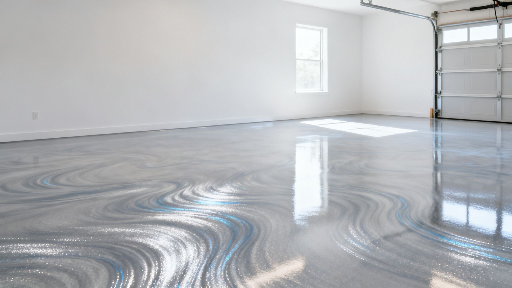 A clean, empty garage features a reflective metallic epoxy floor with swirling grey and blue patterns.
