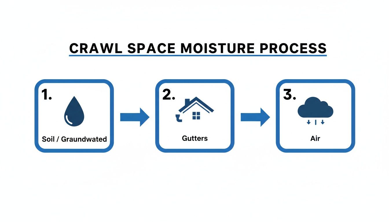 Diagram illustrating the three-step crawl space moisture process: soil/groundwater, gutters, and air.