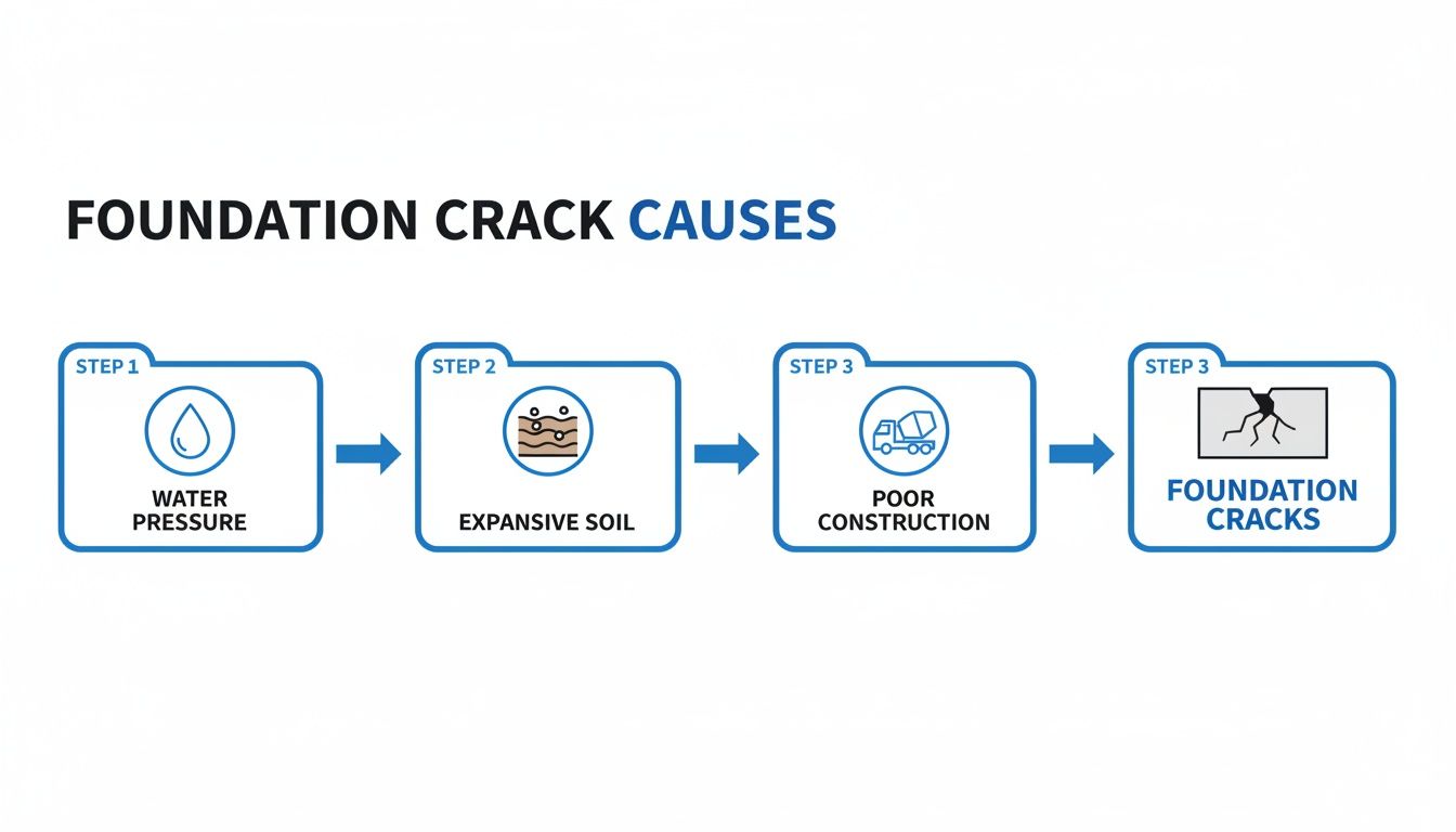 Diagram illustrating the causes of foundation cracks, showing water pressure, expansive soil, and poor construction leading to cracks.