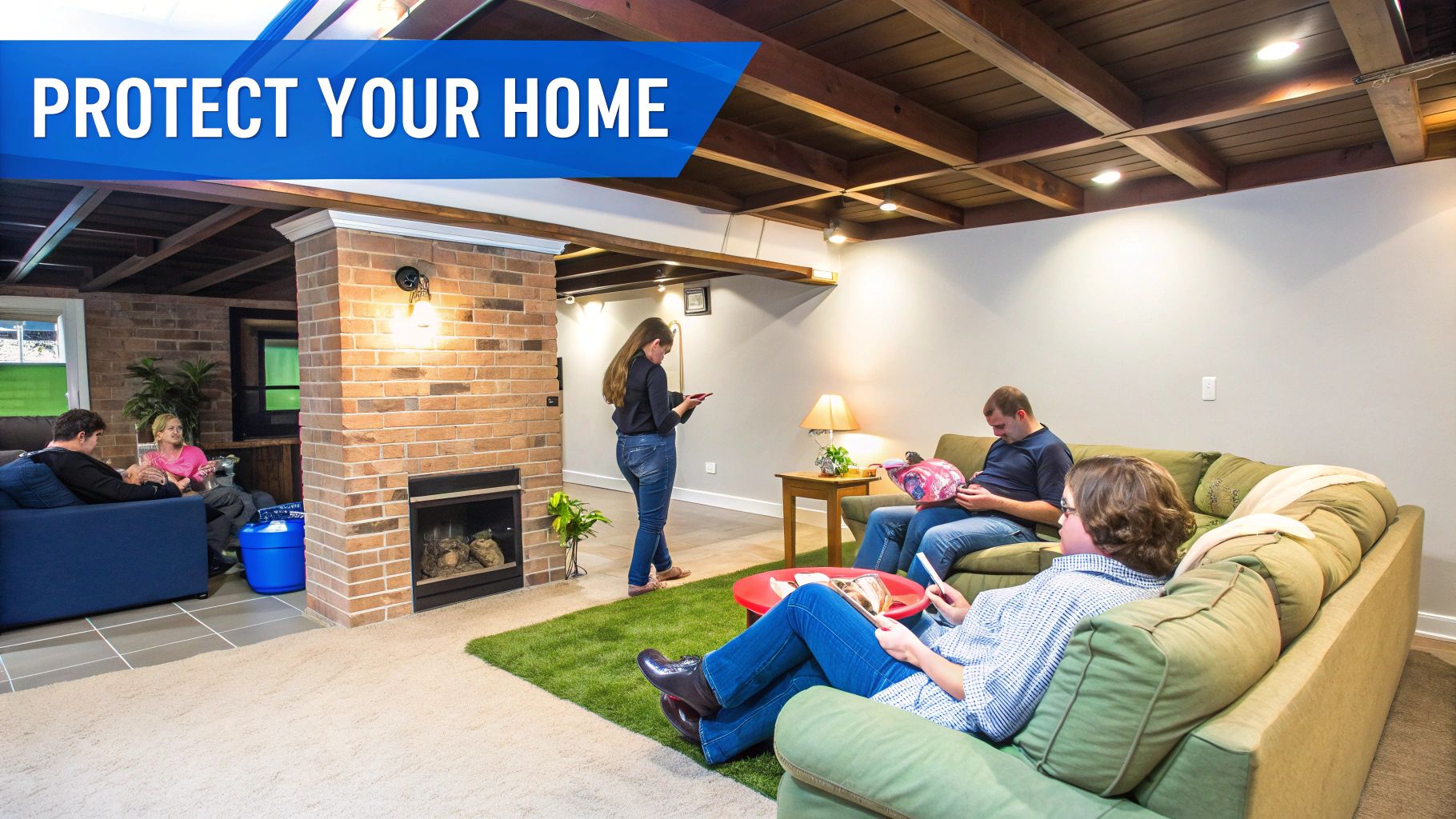 A bright, clean, and dry finished basement used as a family living space.