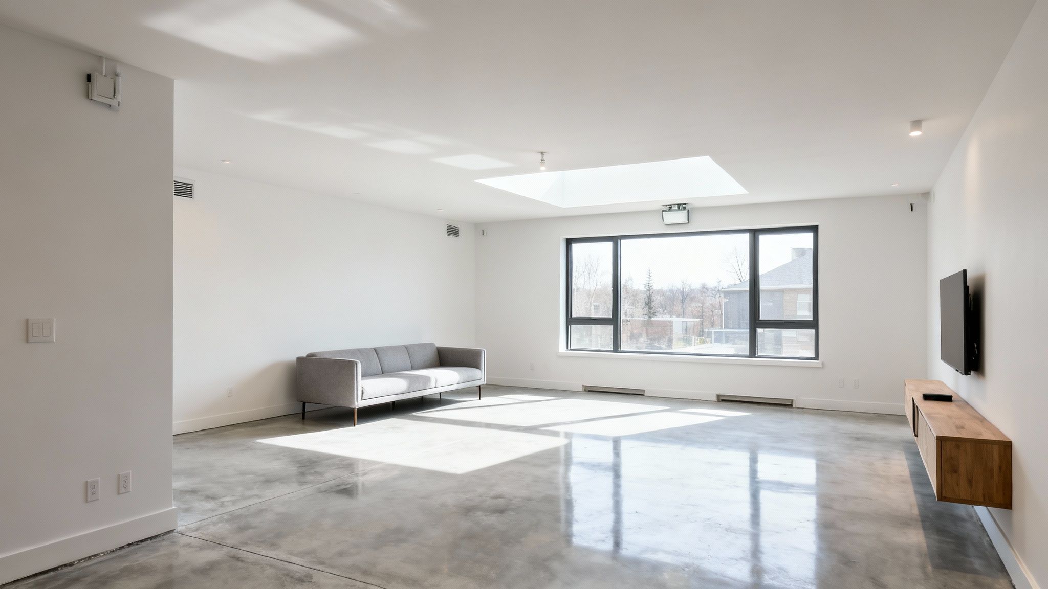 A bright and modern living room with a grey sofa, concrete floor, large window, and skylight.
