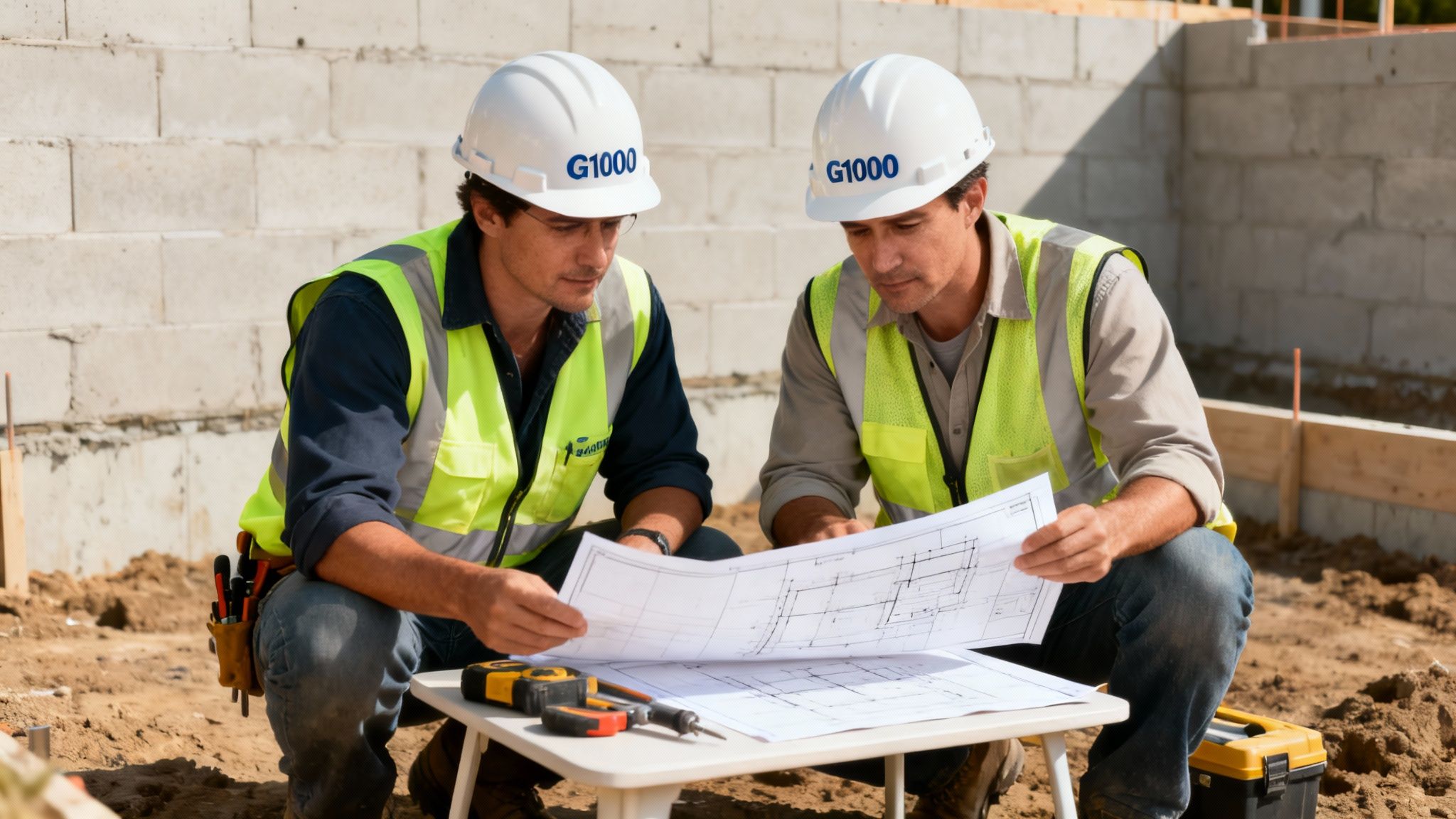 Two construction workers in hard hats and safety vests review blueprints at a building site.