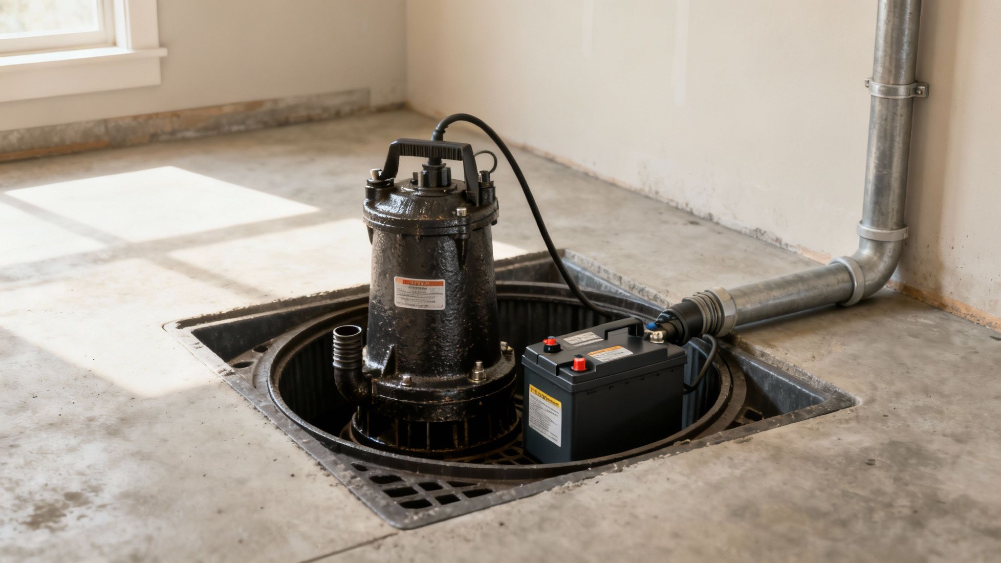 A black sump pump and backup battery installed in a concrete basement floor with a discharge pipe.