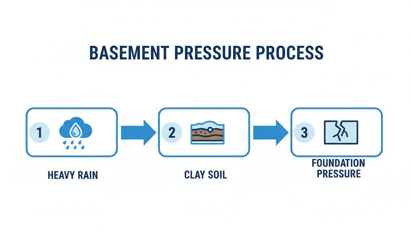 Infographic showing how heavy rain saturates clay soil, leading to foundation pressure and cracks.