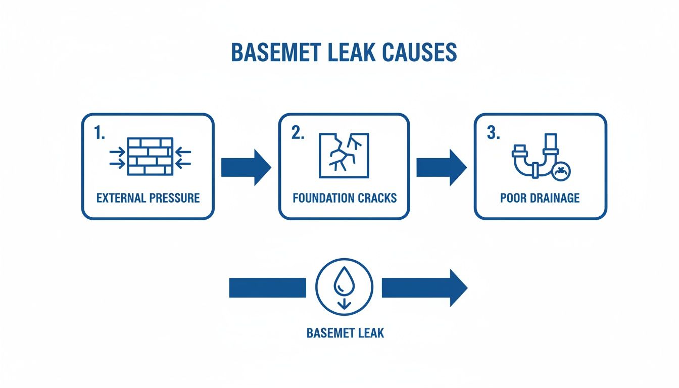 Diagram illustrating the causes of basement leaks: external pressure leads to foundation cracks and poor drainage, resulting in basement leaks.