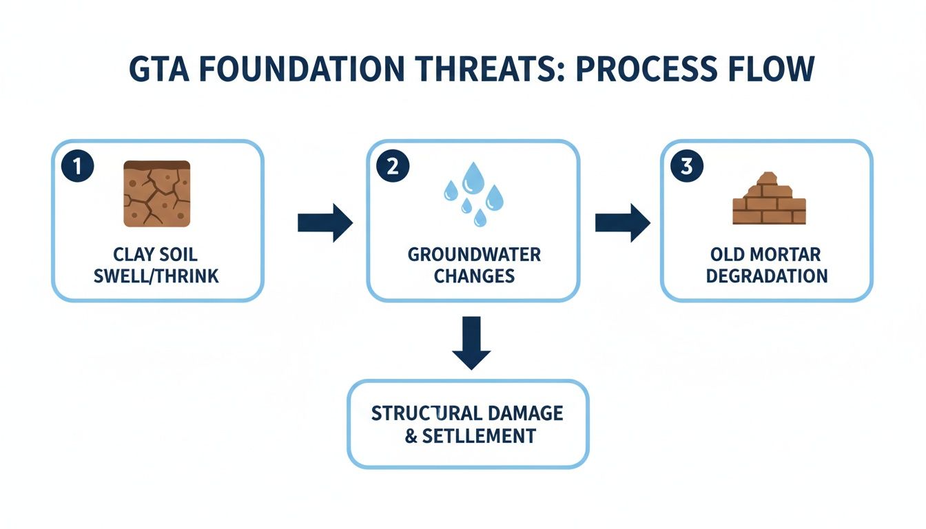 Process flow diagram detailing GTA foundation threats: clay soil, groundwater, and mortar degradation, causing structural damage and settlement.