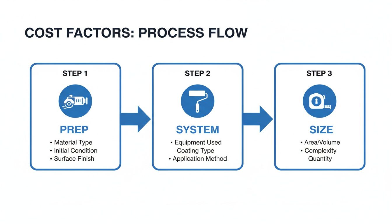 Flowchart illustrating cost factors for prep, system, and size in a three-step process.
