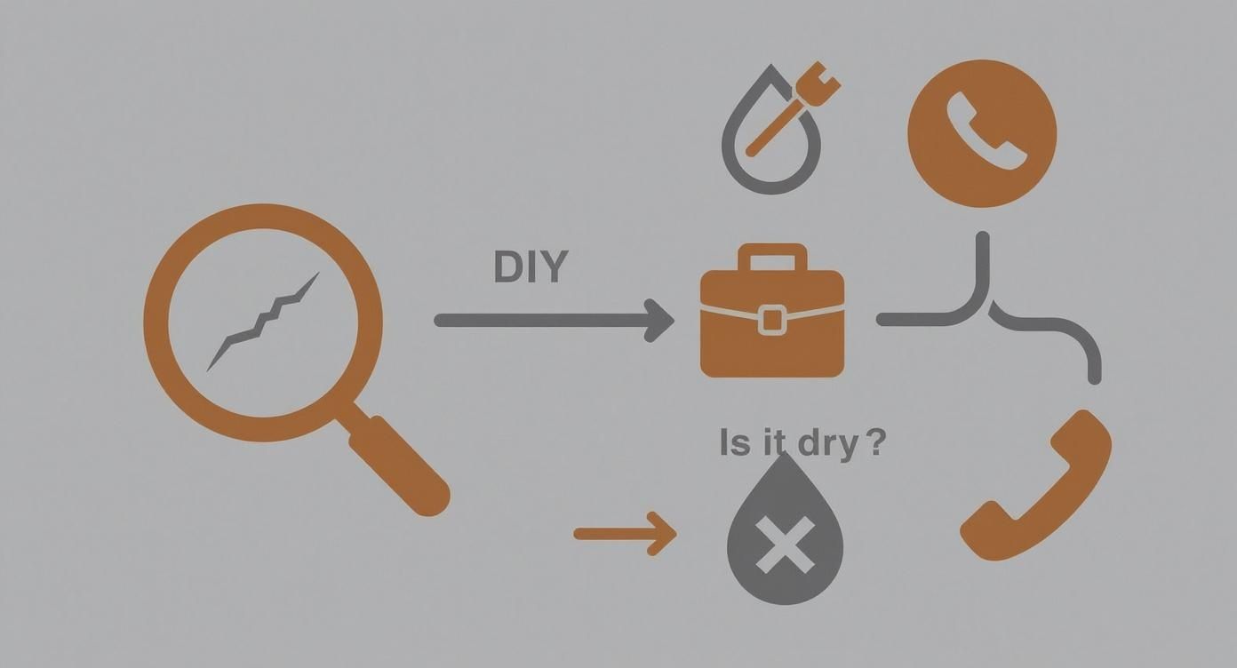 Flowchart illustrating the process of addressing a crack: DIY, professional help, and assessing if it's dry.