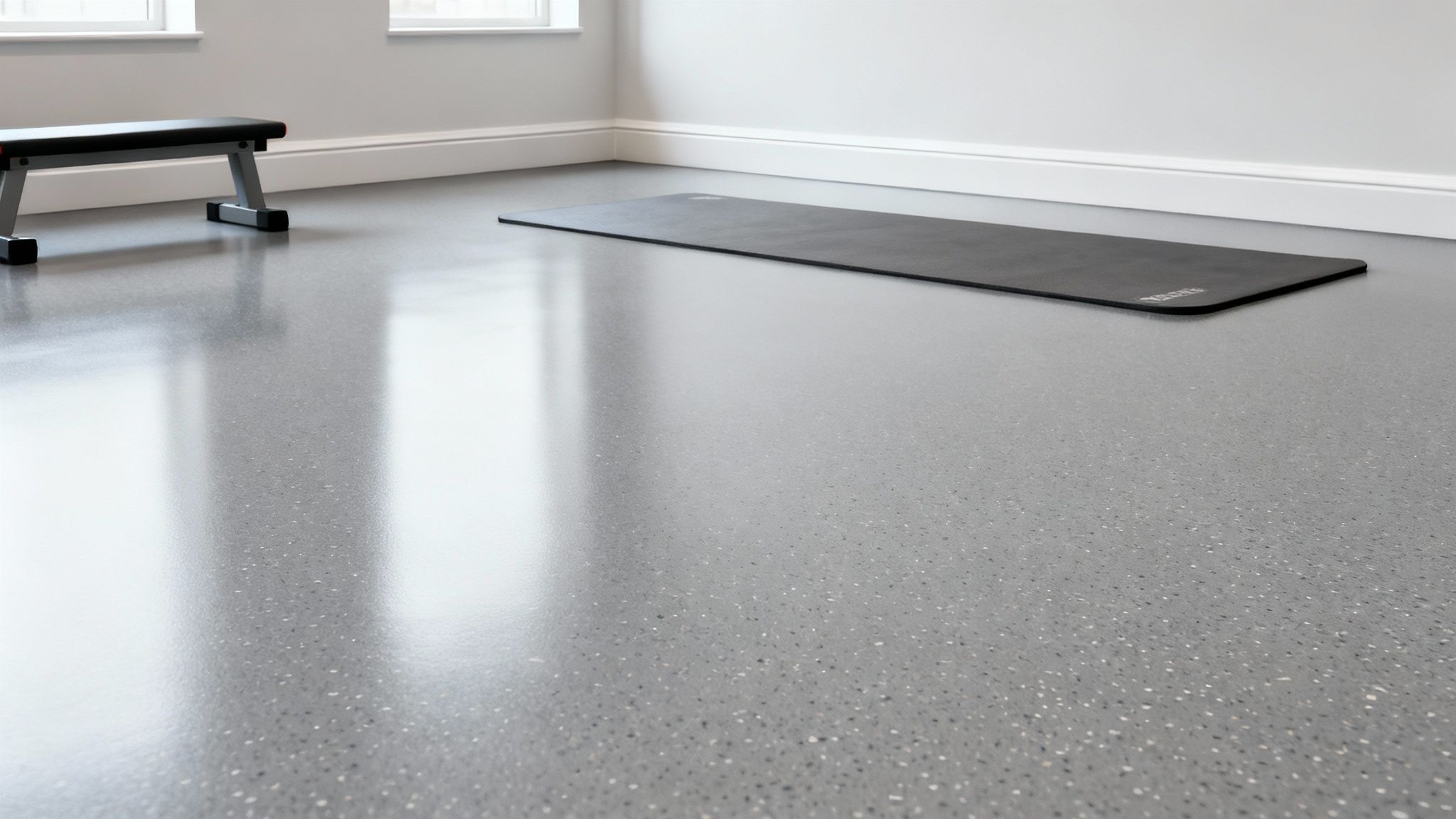 A clean, modern home gym featuring a speckled grey concrete floor, a black exercise mat, and a weight bench.