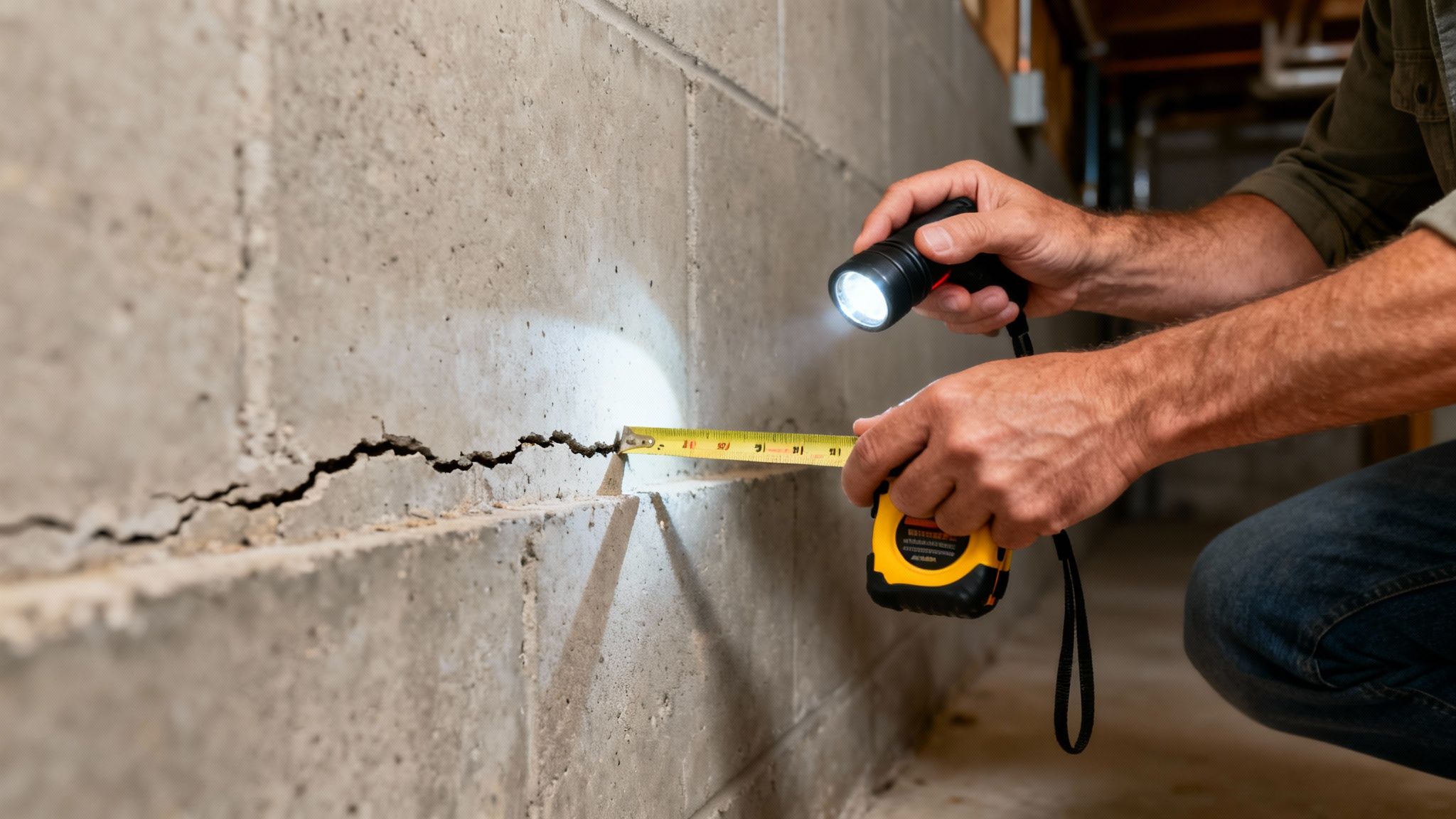 A person uses a flashlight and tape measure to inspect a crack in a concrete basement wall.