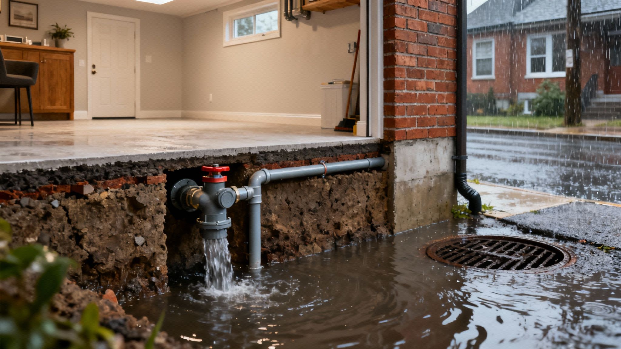 A backwater valve prevents basement flooding by releasing water outside during heavy rainfall.
