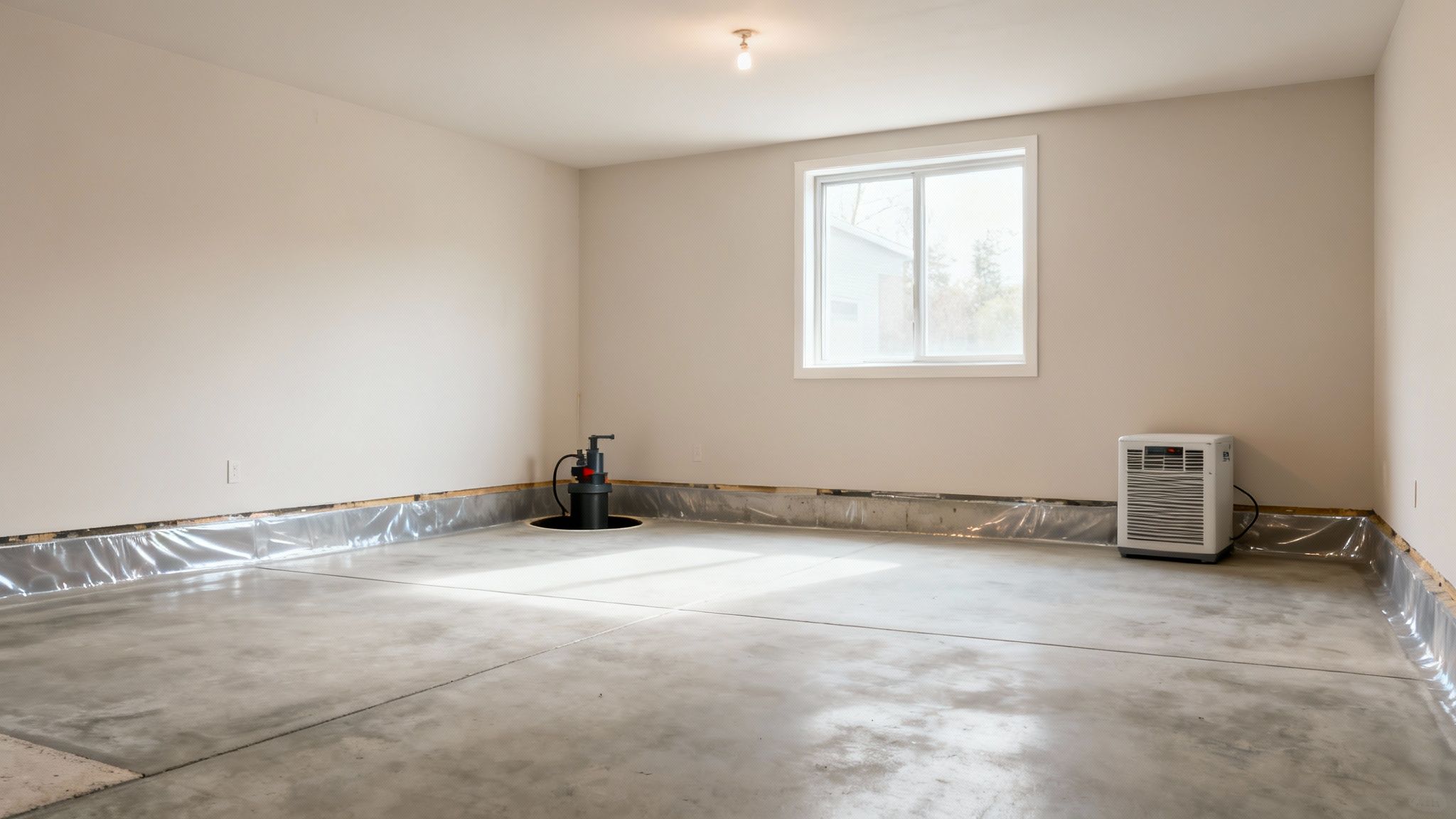 An unfinished utility room with a concrete floor, a sump pump, and a portable heater.