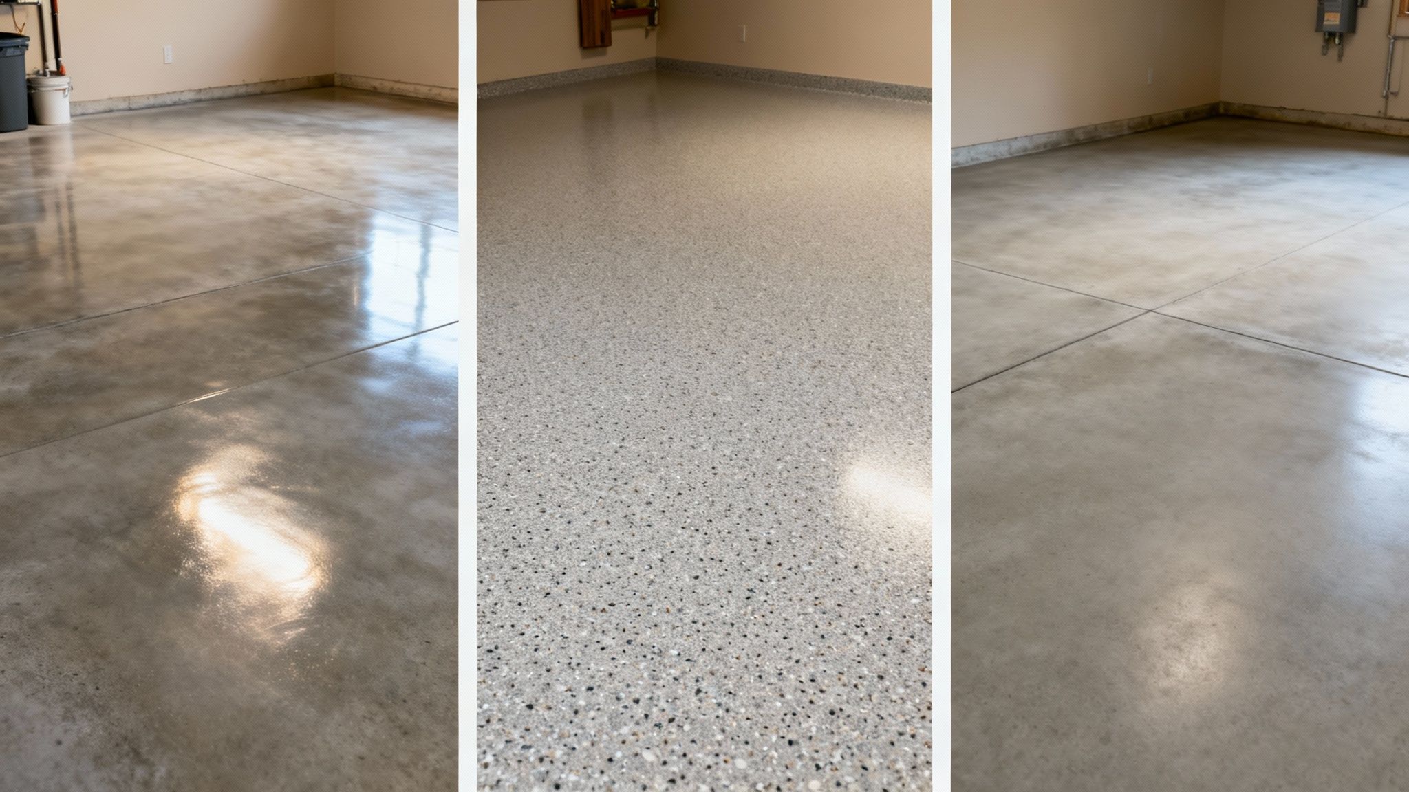 Three views of concrete floors, showing plain, polished, and speckled epoxy finishes.