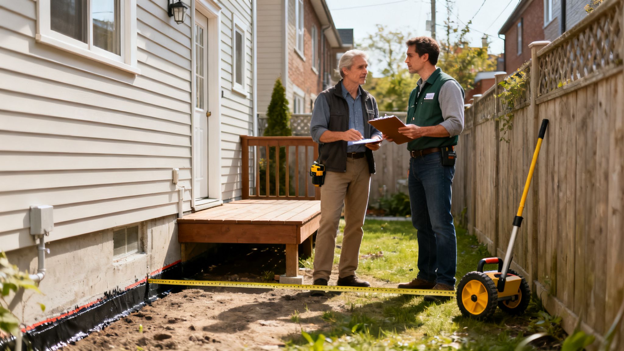 Two contractors discuss exterior basement waterproofing plans, measuring the house foundation with a tape measure.