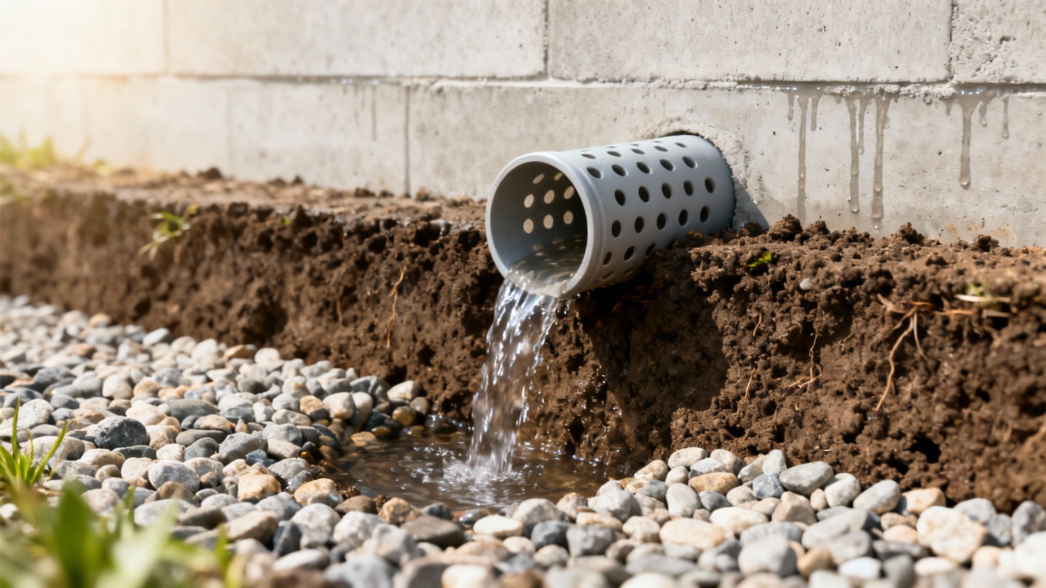 Water flowing from a grey perforated drainage pipe into a bed of pebbles next to a building foundation.