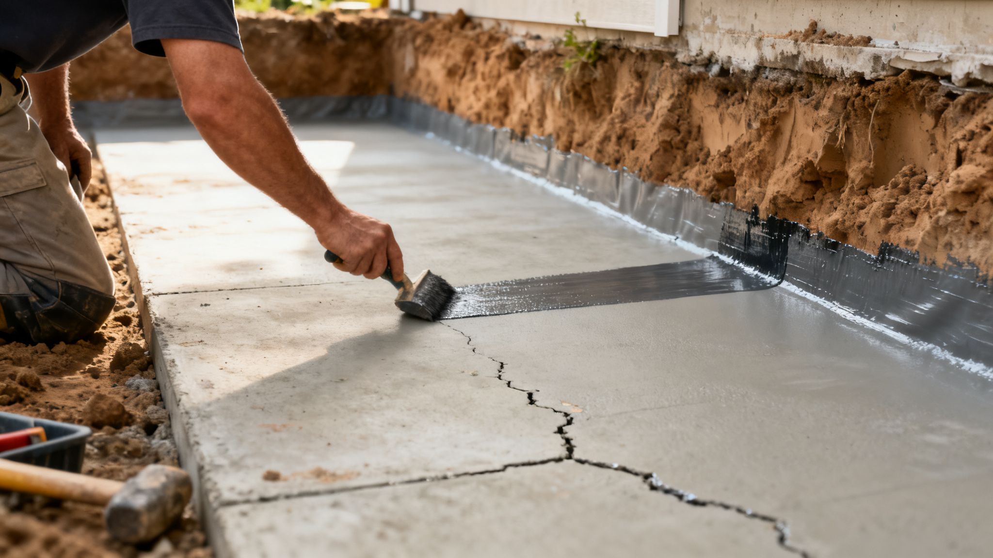 A worker applies black waterproofing coating to concrete next to a house foundation.