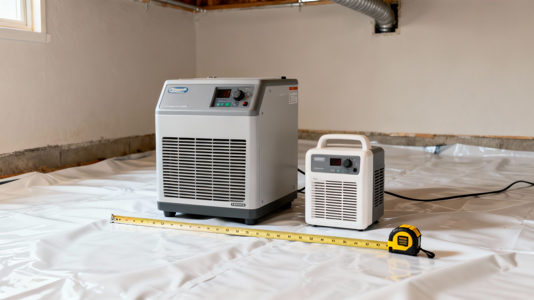 Two crawl space dehumidifiers of different sizes next to a tape measure on a white vapor barrier.