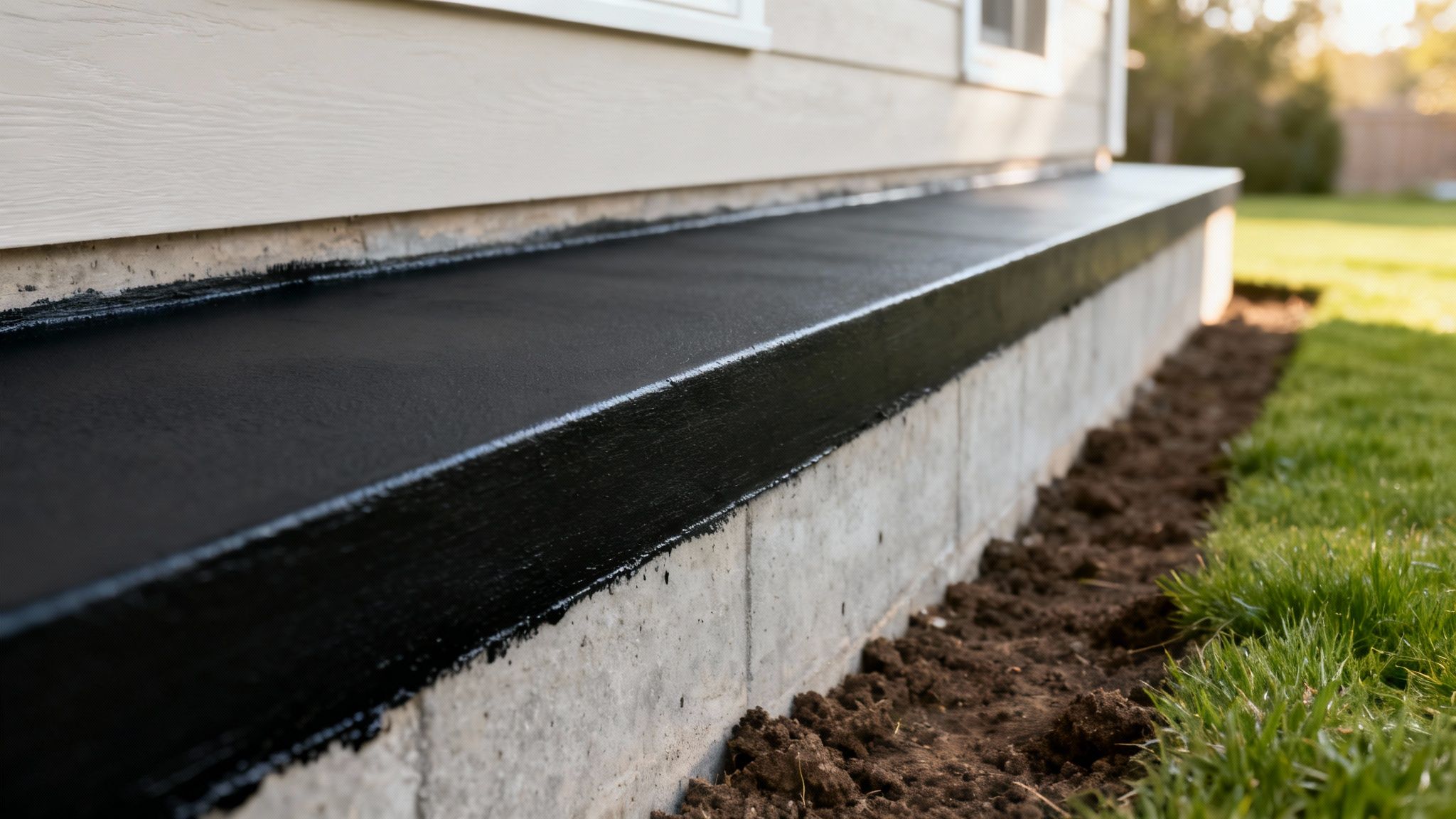 A worker applying a black foundation waterproof membrane to the exterior wall of a new construction home.
