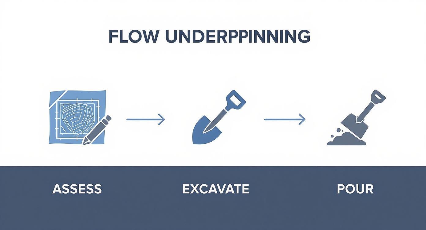 A diagram illustrating the three steps of flow underpinning: assess, excavate, and pour, with corresponding icons.