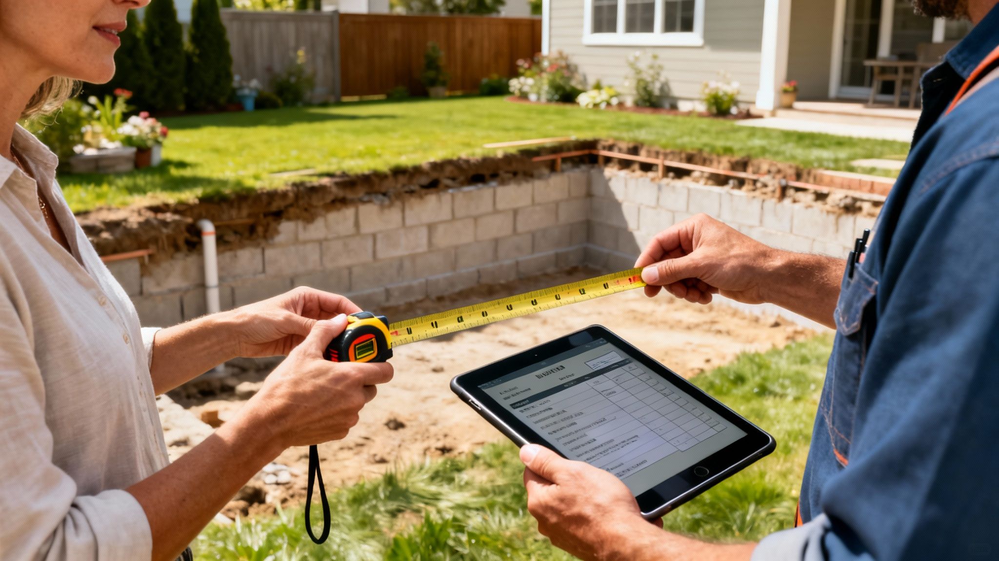 Two people measuring a house foundation with a tape measure and tablet, planning construction.